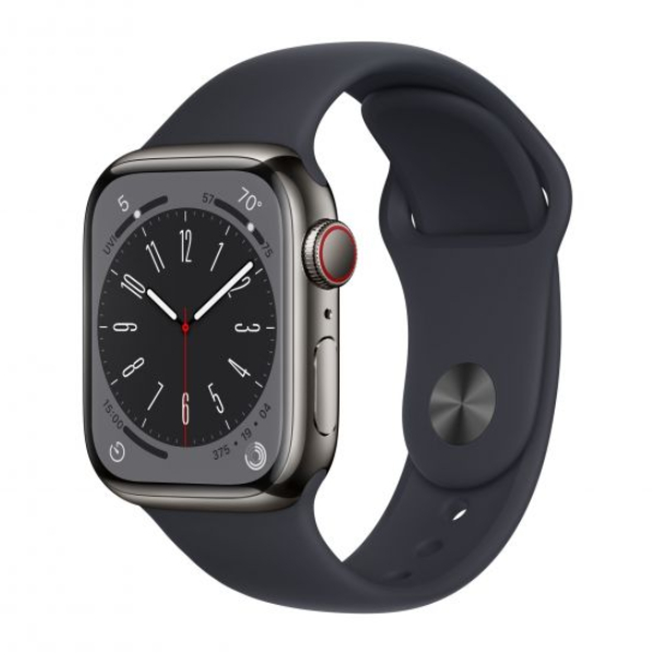 APPLE Watch Series 8 GPS + Cellular 45mm, Γραφίτης Ανοξείδωτο Ατσάλι με Μαύρο Αθλητικό Λουράκι | Apple| Image 1