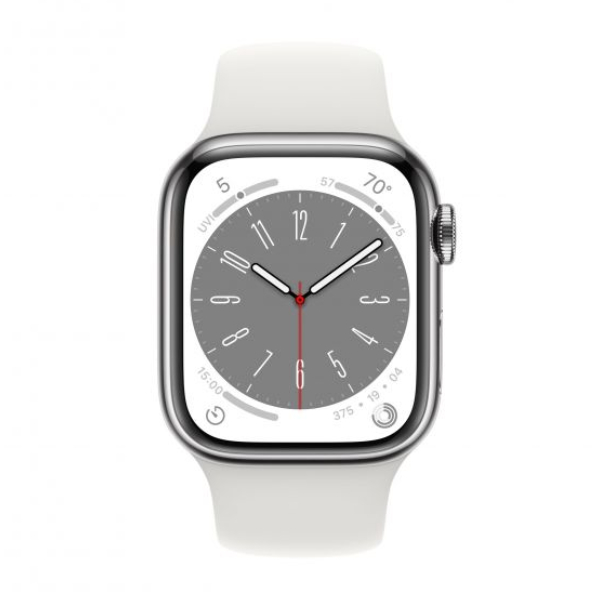 APPLE Watch Series 8 GPS + Cellular 45mm, Silver Stainless Steel with White Sport Band | Apple| Image 2