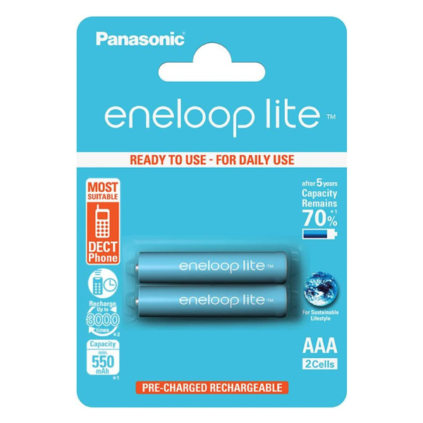 PANASONIC BK-4LCCE/2BE Eneloop Lite Rechargeable Batteries, 2 x AAA