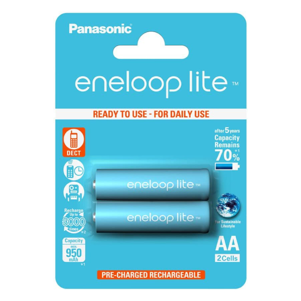 PANASONIC BK-3LCCE/2BE Eneloop Lite Rechargeable Batteries, 2 x AA