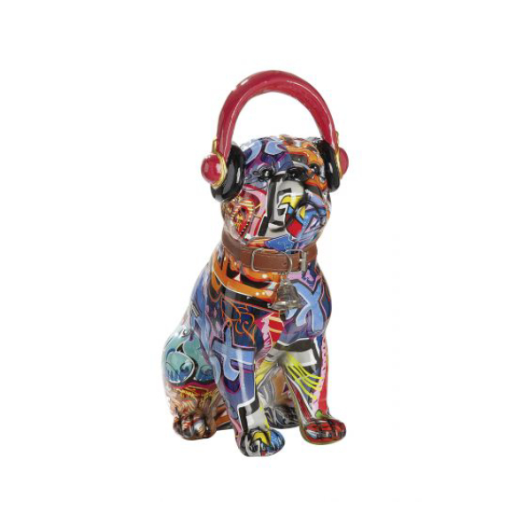 Polyresi Pop Art Decorative Dog with Brown Strap, Colorfull
