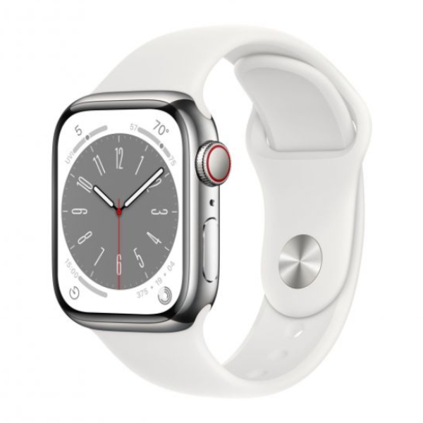 APPLE Watch Series 8 GPS + Cellular 45mm, Silver Stainless Steel with White Sport Band