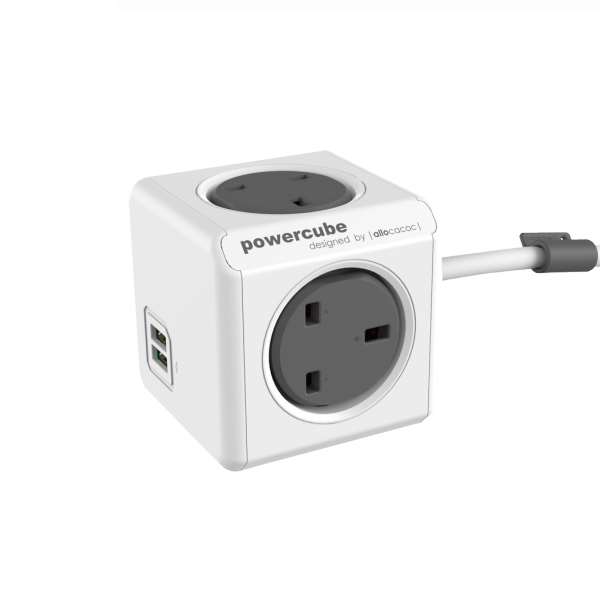 POWERCUBE Allocaco Πολύμπριζο 4 Θέσεων 1.5 m με 2 Θύρες USB, Γκρίζο