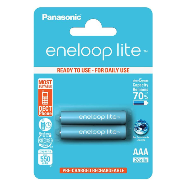 PANASONIC BK-4LCCE/2BE Eneloop Lite Επαναφορτιζόμενες Μπαταρίες, 2 x AAA